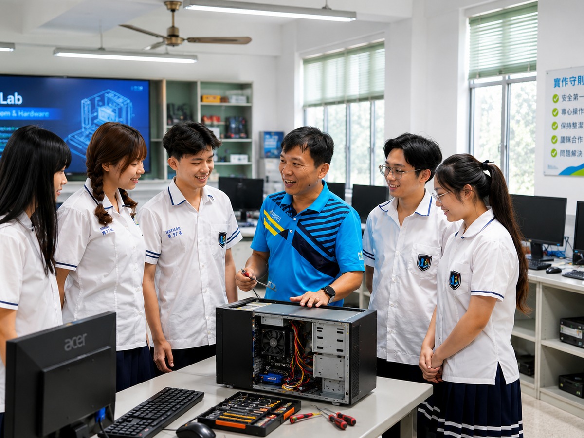 資訊科教師在電腦教室指導學生進行硬體實作